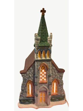 Dickens 1990s Porcelain Christmas Church Figurine With Light Winter Valley Villa